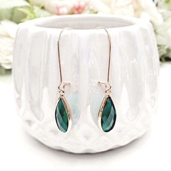 Gold dangle green glass earrings dainty boho drop hoop statement cute 💖2/$30 - Picture 1 of 10